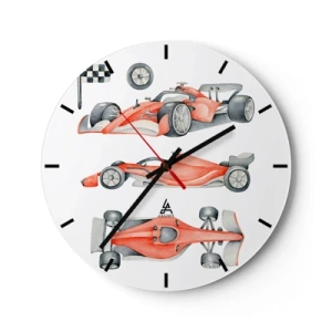 Ceas de perete - Ceas pe sticlă - Mașini de curse roșii și un steag în carouri pe un fundal alb - 30x30cm - Prindeți visul - Decorațiune modernă pentru perete pentru living, bucătărie și dormitor ARTTOR