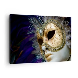 Tablou pe pânză Canvas - Mască venețiană aurie cu pene decorative și ornamente - 70x50cm - Portret venețian în aur - Decorațiune modernă pentru perete pentru living și dormitor ARTTOR
