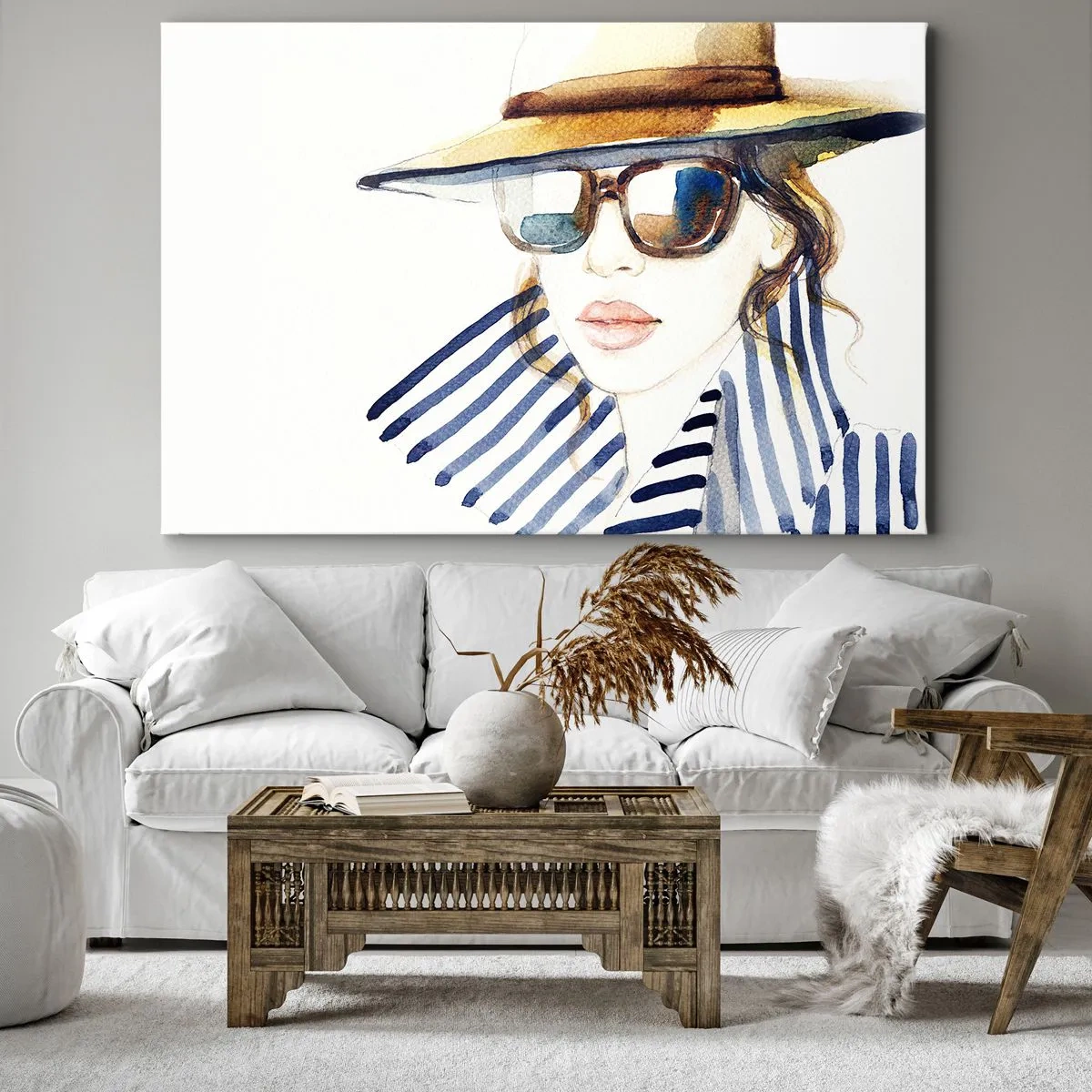 Tablou pe pânză Canvas - Portretul unei femei cu pălărie și ochelari de soare - 70x50cm - Bun venit la Florida! - Decorațiune modernă pentru perete pentru living și dormitor ARTTOR