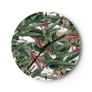 Ceas de perete - Ceas pe sticlă - Frunze verzi cu accente de liliac pe fundal alb - 30x30cm - Tufișuri de smarald și liliac - Decorațiune modernă pentru perete pentru living, bucătărie și dormitor ARTTOR