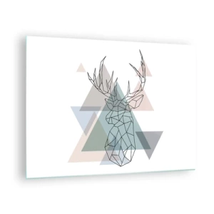 Tablou pe sticlă - Desen geometric al unui cerb pe un fundal de triunghiuri pastelate - 70x50cm - Într-o pădure geometrică - Decorațiune modernă pentru perete pentru living și dormitor ARTTOR