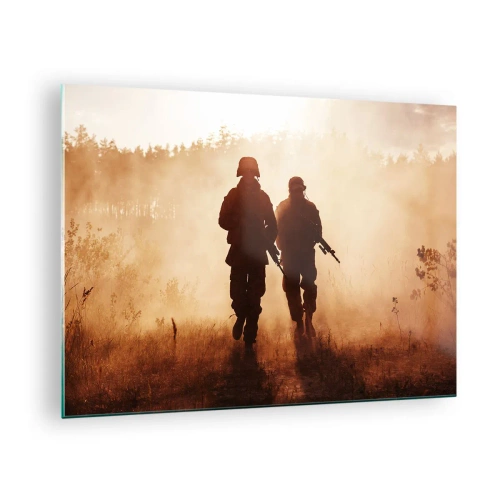 Tablou pe sticlă - Doi soldați în acțiune pe fundalul apusului de soare - 70x50cm - Call of Duty - Decorațiune modernă pentru perete pentru living și dormitor ARTTOR
