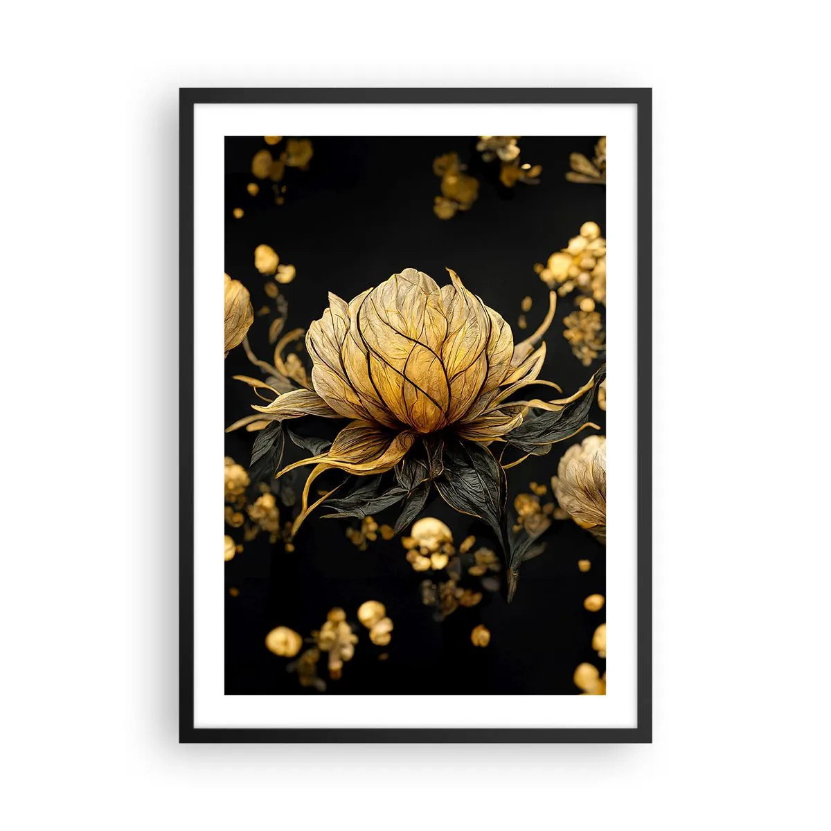 Poster în ramă neagră - O floare aurie pe fundal negru într-o compoziție elegantă - 50x70cm - Fragilitate subtilă - Decorațiune modernă pentru perete pentru living și dormitor ARTTOR