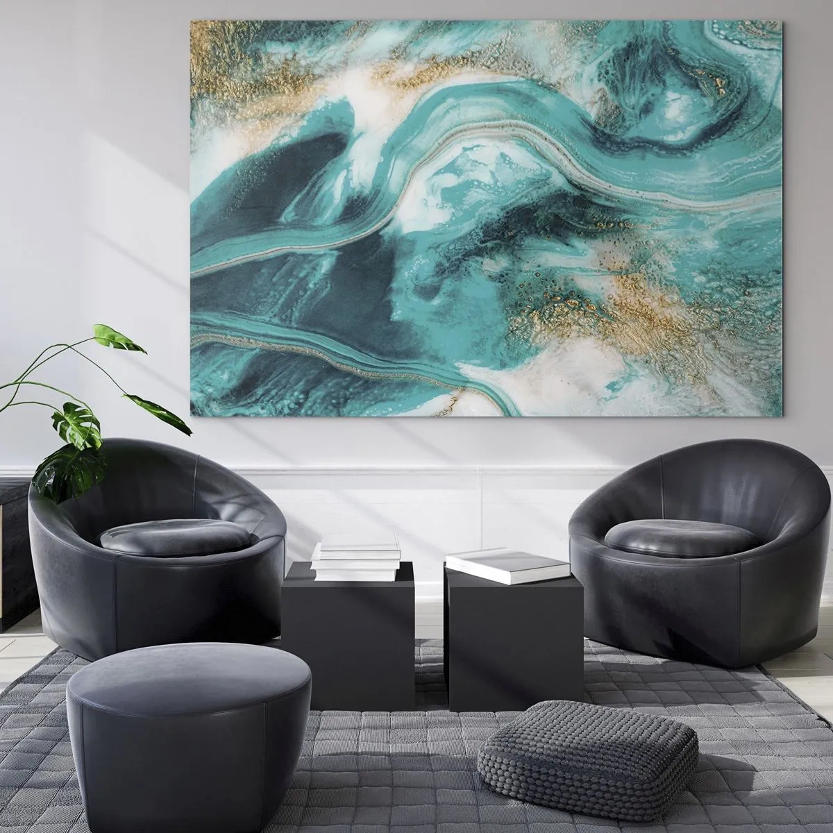 Tablou pe sticlă - O compoziție abstractă în turcoaz cu accente aurii. - 70x50cm - Râul de aur - Decorațiune modernă pentru perete pentru living și dormitor ARTTOR