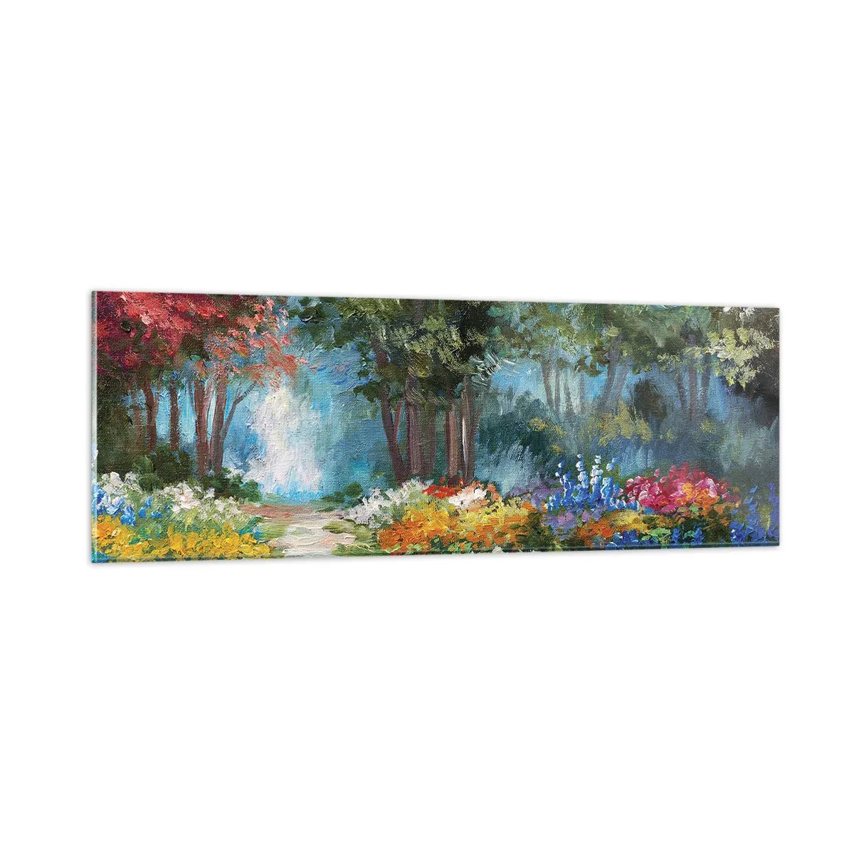 Tablou pe sticlă - Grădină de pădure, pădure de flori - 90x30 cm
