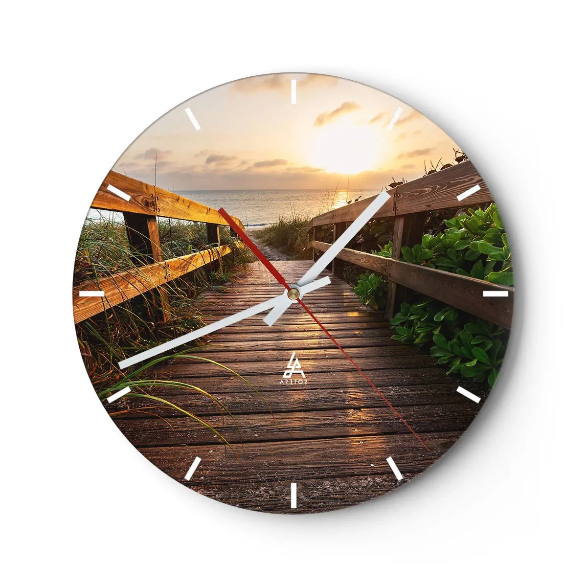 Ceas de perete - Ceas pe sticlă - Debarcader din lemn care duce la plajă la apus - 30x30cm - Și direct la țărm - Decorațiune modernă pentru perete pentru living, bucătărie și dormitor ARTTOR