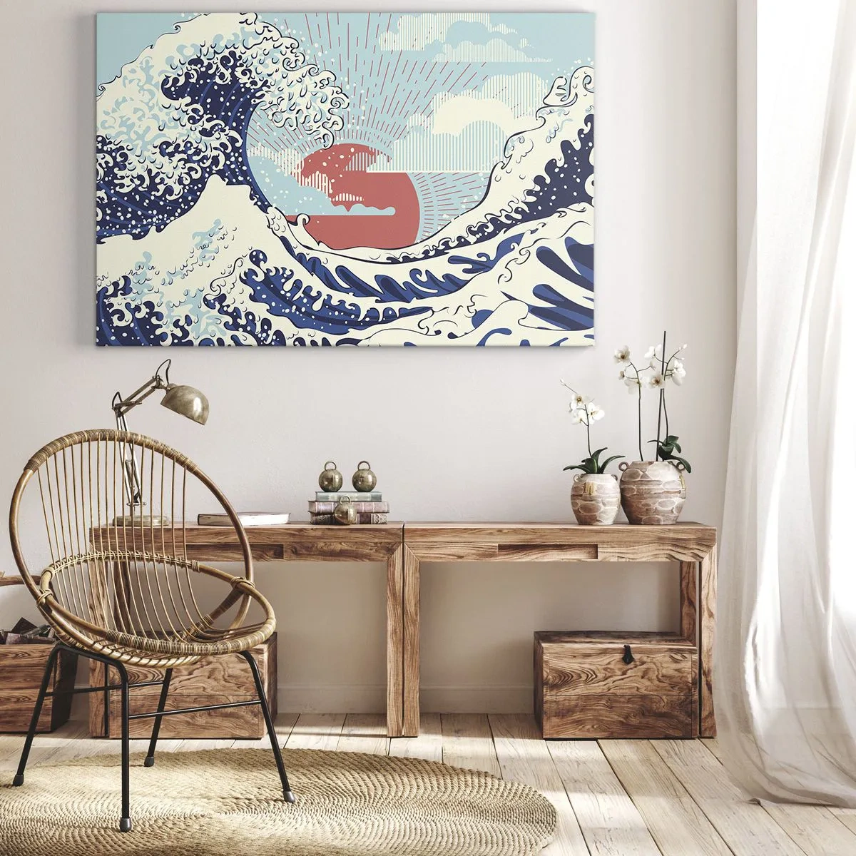 Tablou pe pânză Canvas - Valuri oceanice și un apus de soare în stil japonez - 70x50cm - Din inspirații japoneze - Decorațiune modernă pentru perete pentru living și dormitor ARTTOR