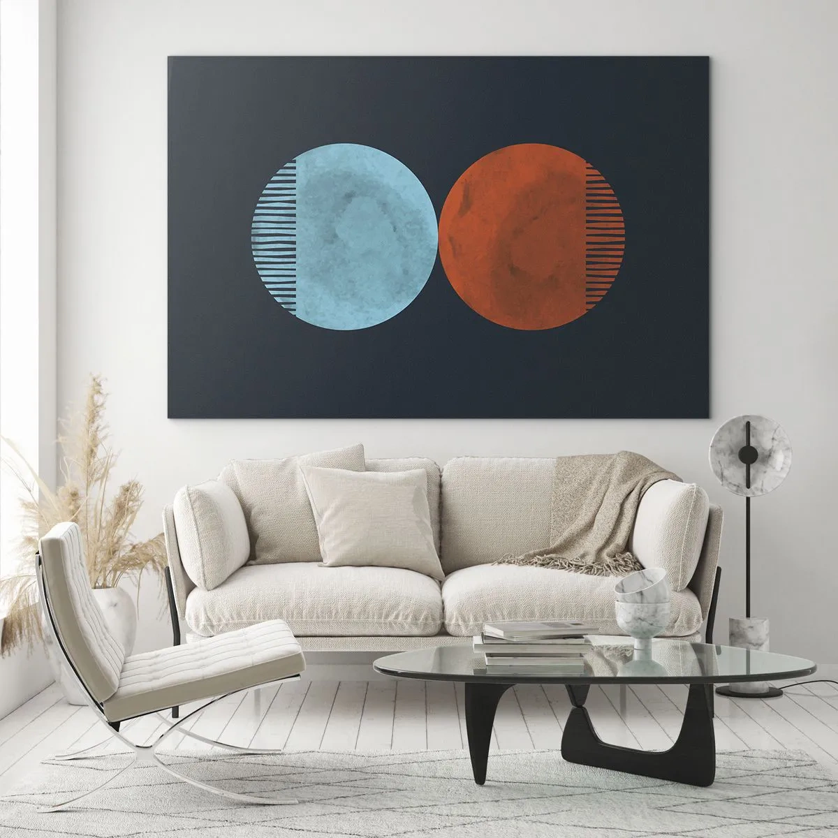 Tablou pe sticlă - Cercuri abstracte în albastru și portocaliu - 70x50cm - Doar geometrie? - Decorațiune modernă pentru perete pentru living și dormitor ARTTOR