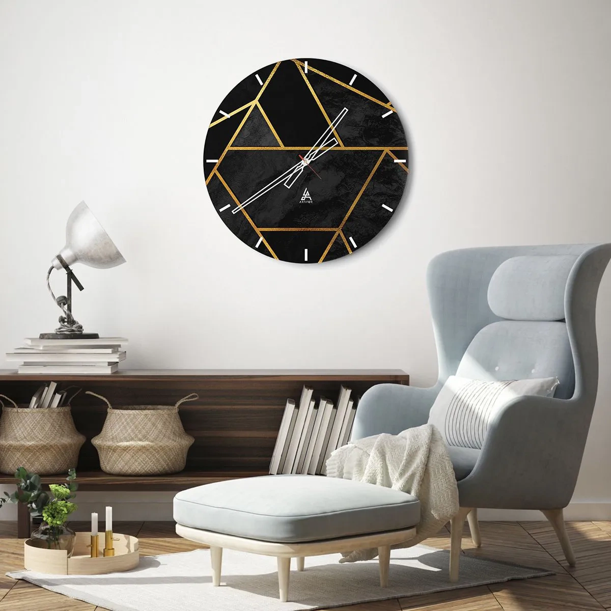 Ceas de perete - Ceas pe sticlă - Fundal negru cu modele geometrice aurii într-un stil elegant - 30x30cm - Întuneric și lumină - Decorațiune modernă pentru perete pentru living, bucătărie și dormitor ARTTOR