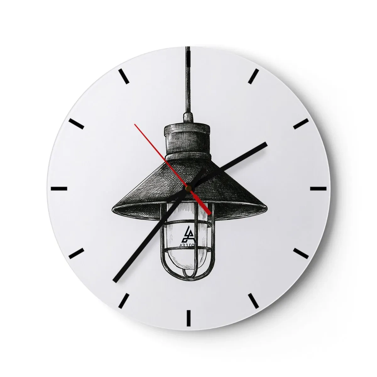 Ceas de perete - Ceas pe sticlă - Lampă suspendată industrială neagră pe fundal alb - 30x30cm - Cu mulți ani în urmă... - Decorațiune modernă pentru perete pentru living, bucătărie și dormitor ARTTOR