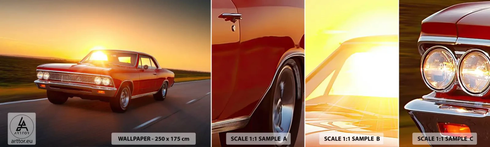 Mostră tapet autocolant Deluxe Sticker - Tentația este roșie - Mașină, excursie, Epocă - 100x30 cm