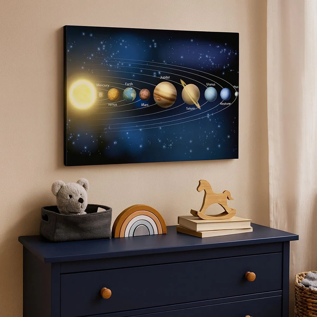 Tablou pe pânză Canvas - Diagrama sistemului solar cu planete și soare - 70x50cm - Una din zece - Decorațiune modernă pentru perete pentru living și dormitor ARTTOR