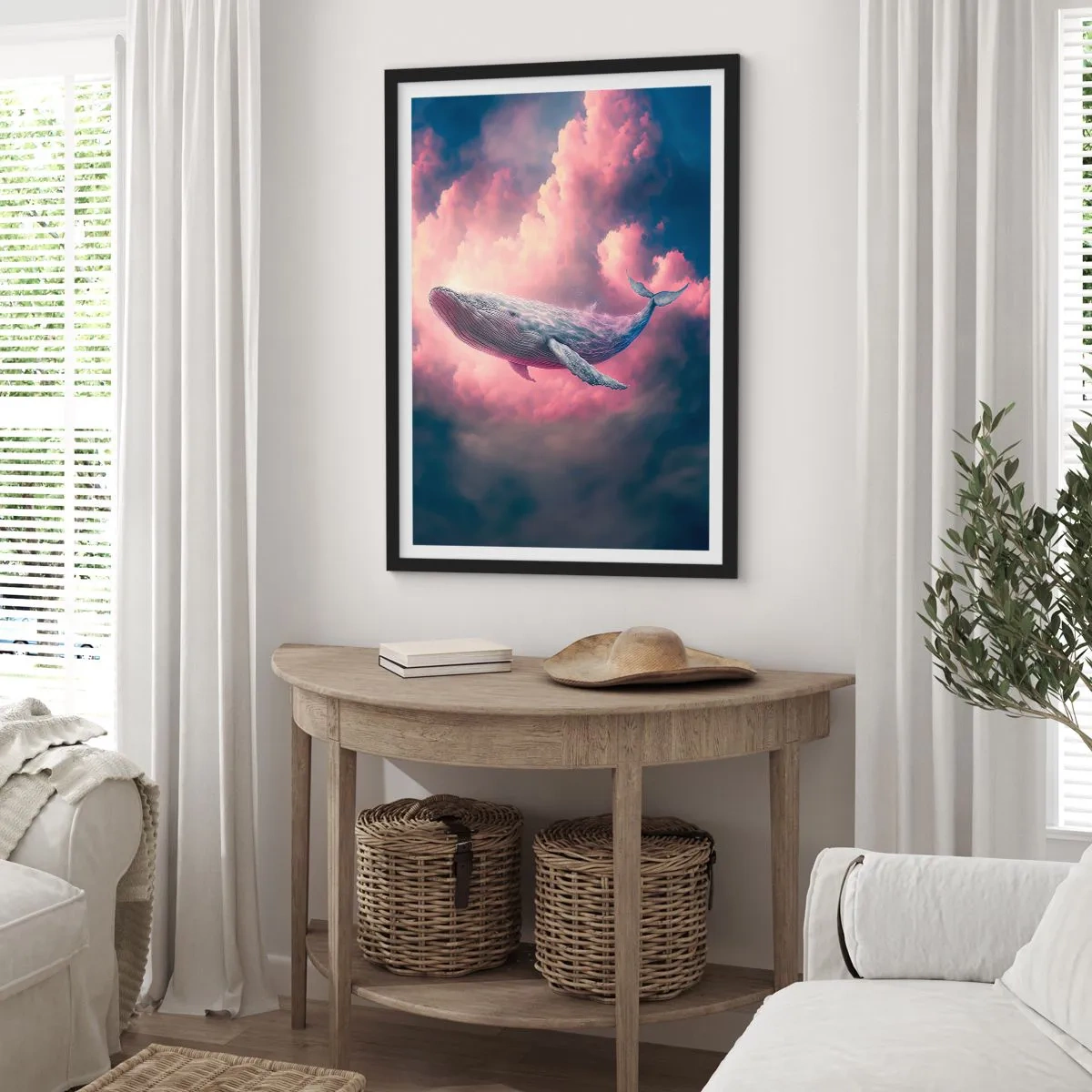 Poster în ramă neagră - O balenă zboară printre nori roz la apus. - 50x70cm - Șterge-ți ochii - Decorațiune modernă pentru perete pentru living și dormitor ARTTOR