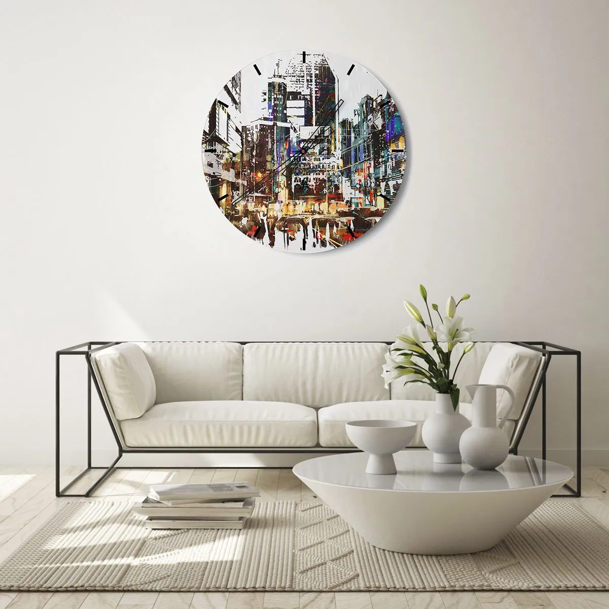 Ceas de perete - Ceas pe sticlă - Panoramă abstractă a orașului în culori intense - 30x30cm - Orașul pâlpâind - Decorațiune modernă pentru perete pentru living, bucătărie și dormitor ARTTOR