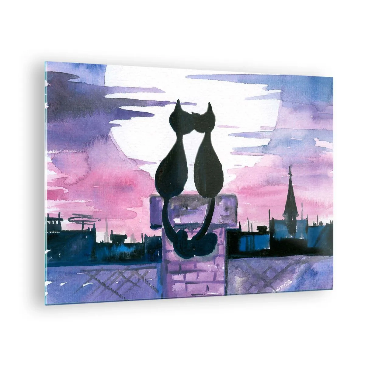 Tablou pe sticlă - Siluete a două pisici pe fundalul soarelui apus - 70x50cm - Rendez-vous sub lună - Decorațiune modernă pentru perete pentru living și dormitor ARTTOR
