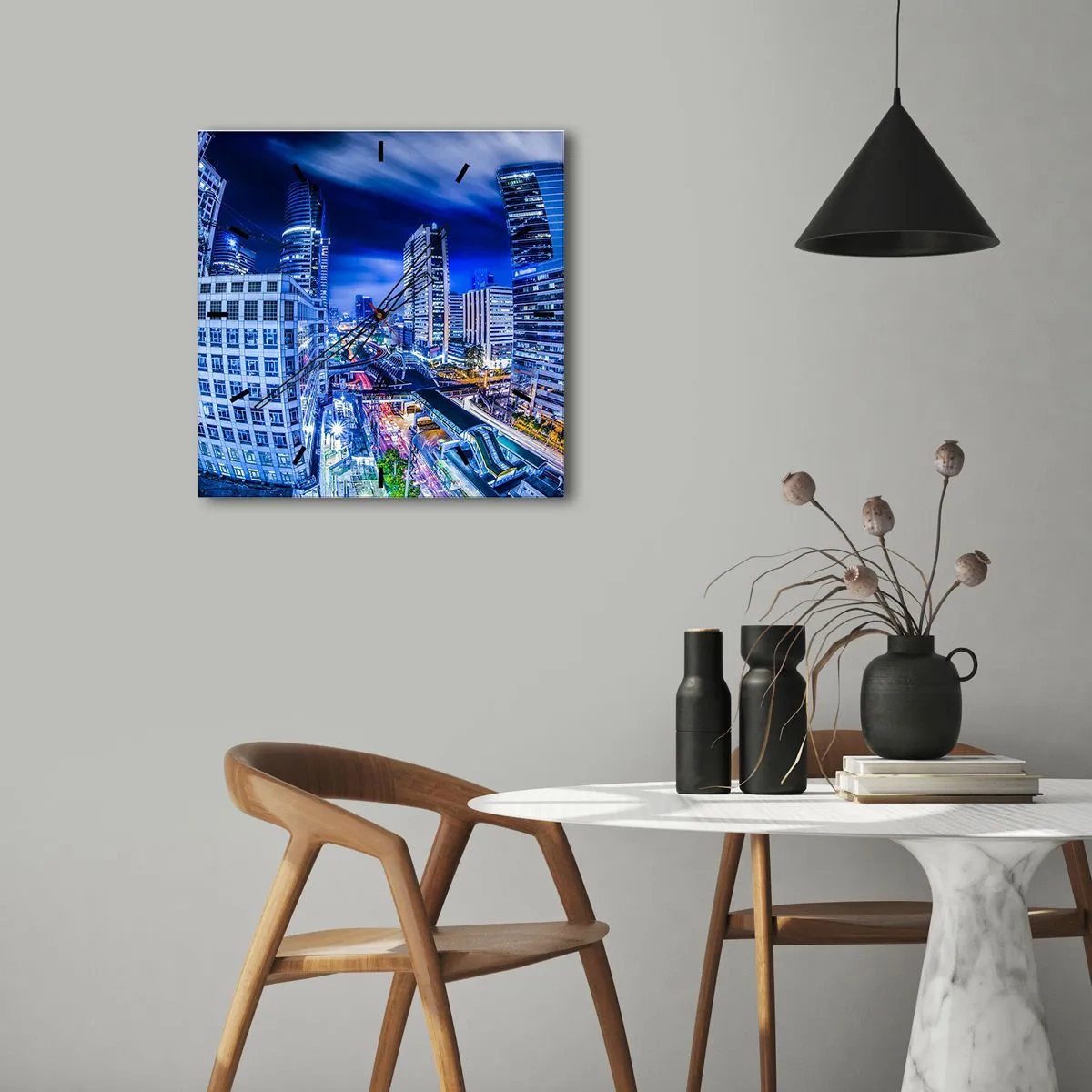 Ceas de perete - Ceas pe sticlă - Ritmurile orașului de noapte - 30x30 cm