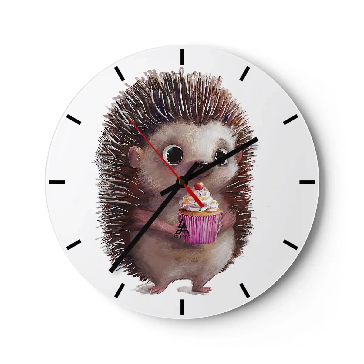 Ceas de perete - Ceas pe sticlă - Un arici drăguț care ține o brioșă colorată - 30x30cm - Fiecare zi este o sărbătoare - Decorațiune modernă pentru perete pentru living, bucătărie și dormitor ARTTOR