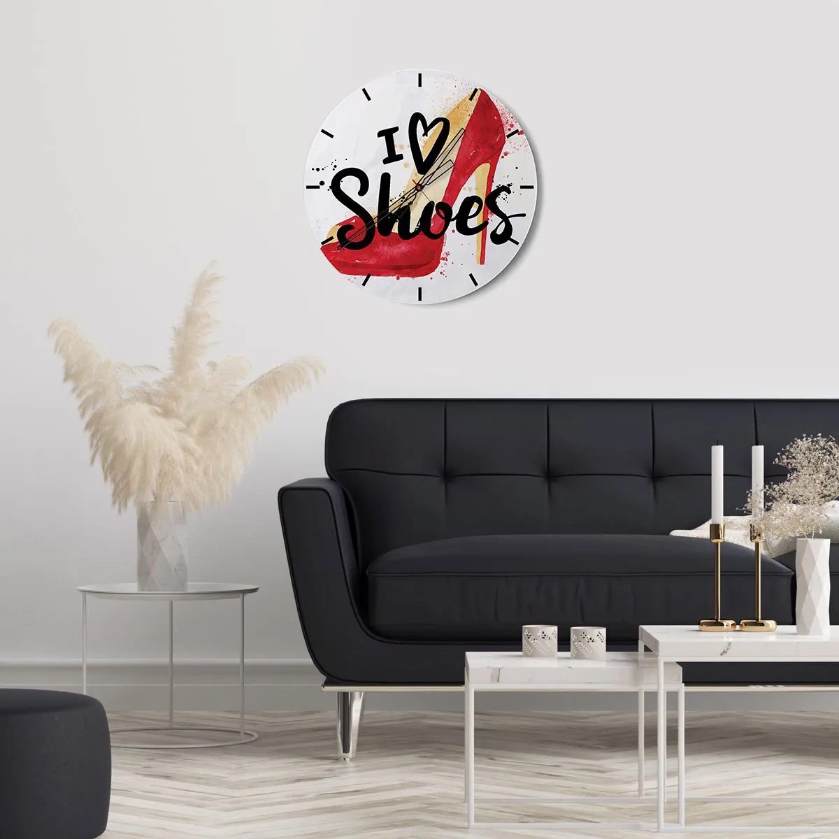 Ceas de perete - Ceas pe sticlă - Un toc înalt roșu pe care scrie „Îmi plac pantofii”. - 30x30cm - Dragostea are mai multe nume - Decorațiune modernă pentru perete pentru living, bucătărie și dormitor ARTTOR