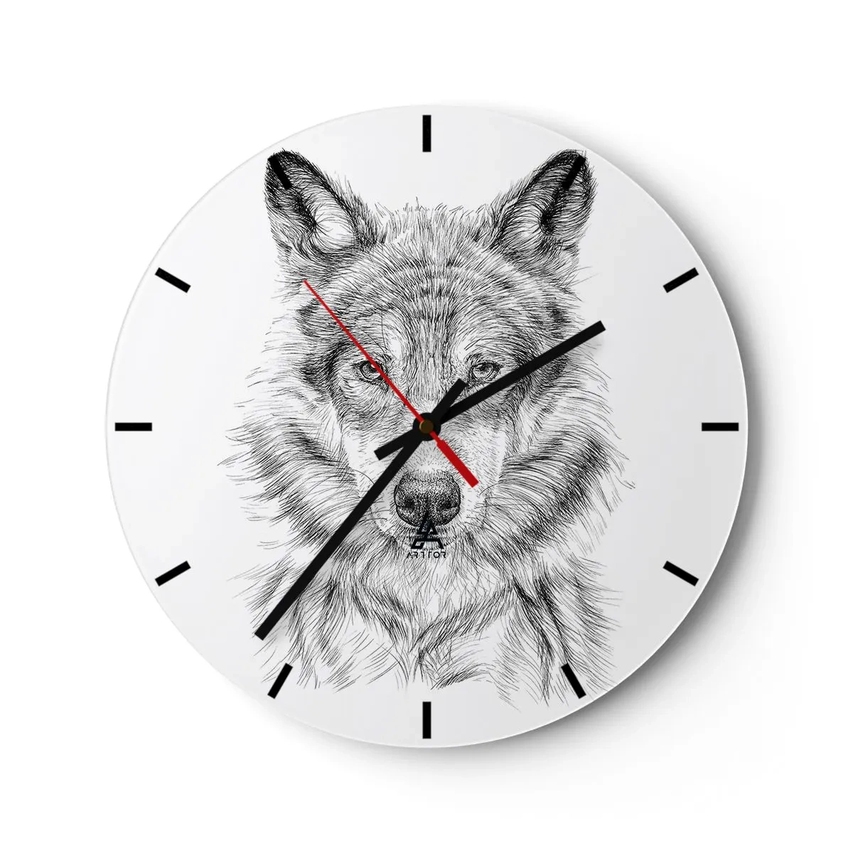 Ceas de perete - Ceas pe sticlă - Schiță alb-negru a unui cap de lup pe fundal alb - 30x30cm - Un lider înnăscut - Decorațiune modernă pentru perete pentru living, bucătărie și dormitor ARTTOR