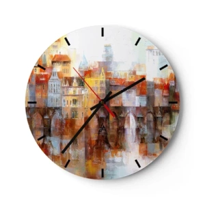 Ceas de perete - Ceas pe sticlă - Un oraș pitoresc cu un pod și o reflexie în apă - 30x30cm - Frumos și sub pod - Decorațiune modernă pentru perete pentru living, bucătărie și dormitor ARTTOR