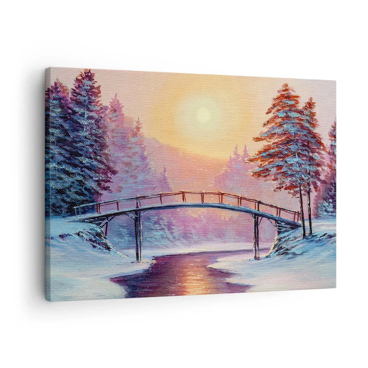 Tablou pe pânză Canvas - Peisaj de iarnă cu un pod iluminat de apusul soarelui - 70x50cm - Cele patru anotimpuri - iarna - Decorațiune modernă pentru perete pentru living și dormitor ARTTOR