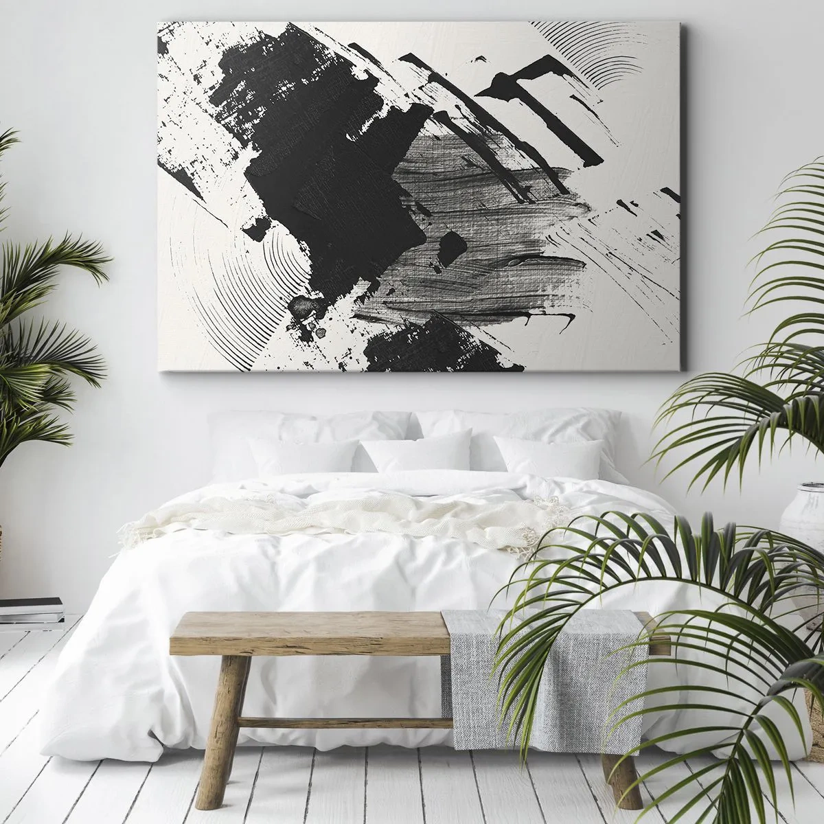 Tablou pe pânză Canvas - Linii abstracte negre pe fundal alb - 70x50cm - Abstracție - expresie de negru - Decorațiune modernă pentru perete pentru living și dormitor ARTTOR
