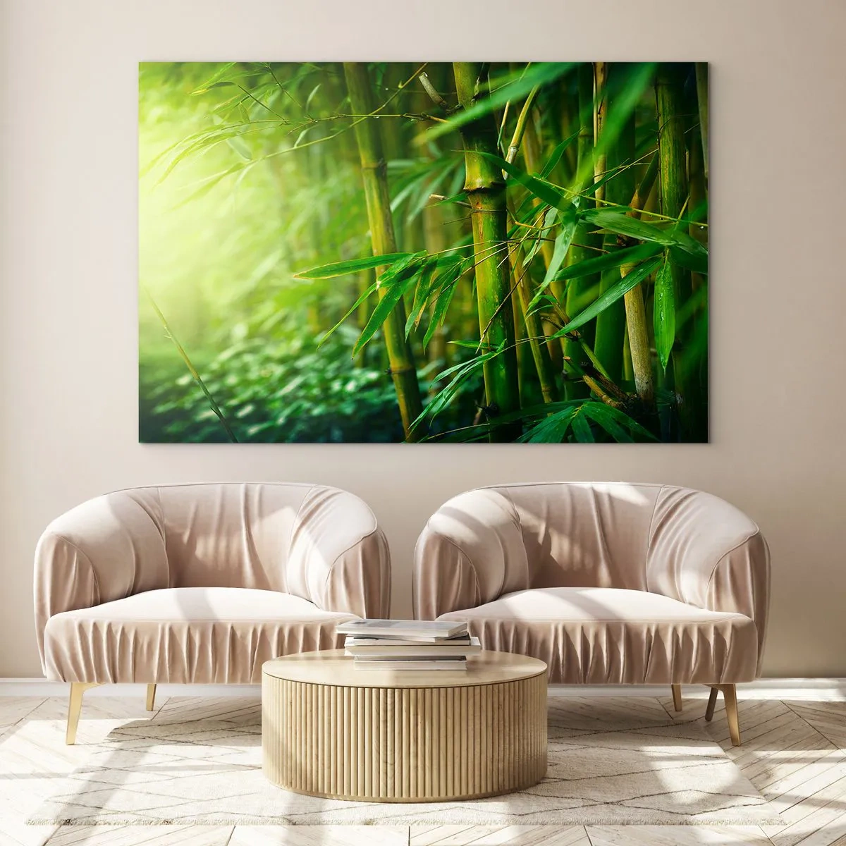 Tablou pe sticlă - Pădure verde de bambus la soare - 70x50cm - Cunoașteți verdeața în sine - Decorațiune modernă pentru perete pentru living și dormitor ARTTOR
