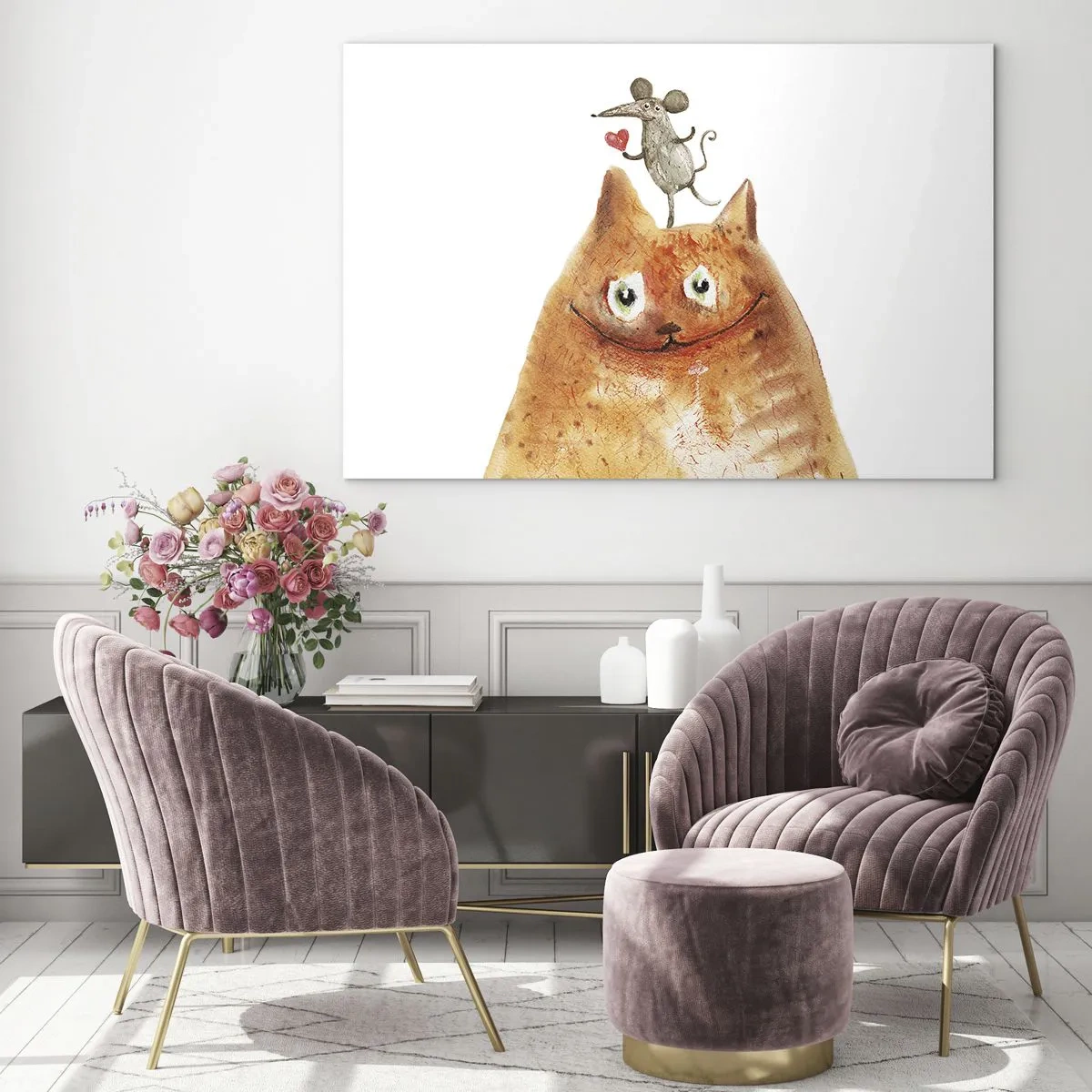 Tablou pe sticlă - O pisică cu un șoarece pe cap, într-un stil umoristic - 70x50cm - Paradoxurile iubirii - Decorațiune modernă pentru perete pentru living și dormitor ARTTOR