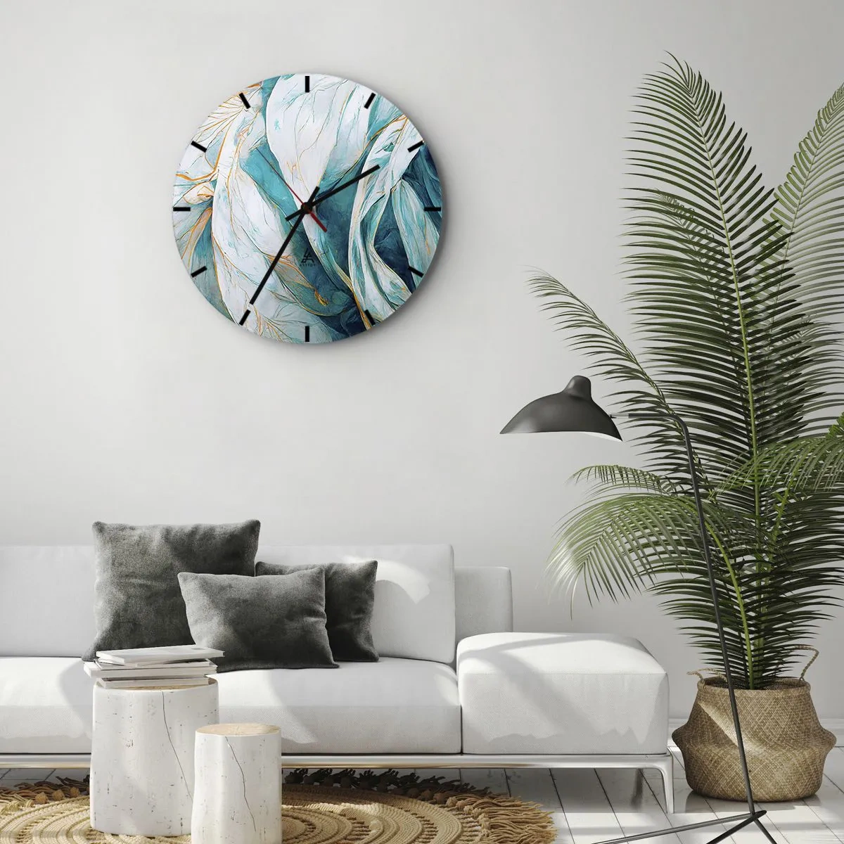 Ceas de perete - Ceas pe sticlă - Linii aurii pe un fundal albastru și alb, cu o textură moale. - 30x30cm - Abstractul albastru cu motiv auriu - Decorațiune modernă pentru perete pentru living, bucătărie și dormitor ARTTOR