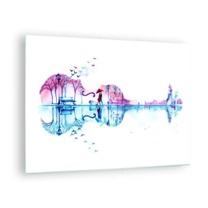 Tablou pe sticlă - Un peisaj în formă de chitară în stil acuarelă - 70x50cm - Îți voi aduce cântece de ploaie - Decorațiune modernă pentru perete pentru living și dormitor ARTTOR