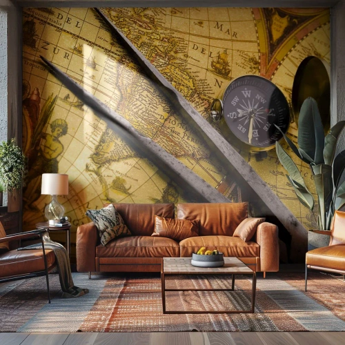 Tapet Premium Canvas - Unde sunt aceste comori? - Busolă, Harta lumii, Călătorii - 400x280 cm