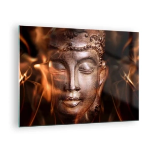 Tablou pe sticlă - Fața încețoșată a lui Buddha în nuanțe calde de auriu și maro - 70x50cm - Există doar aici și acum - Decorațiune modernă pentru perete pentru living și dormitor ARTTOR
