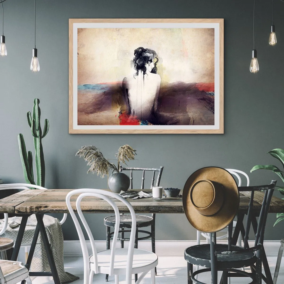 Poster în ramă de stejar deschis - Linii moi, forme ovale - 91x61 cm