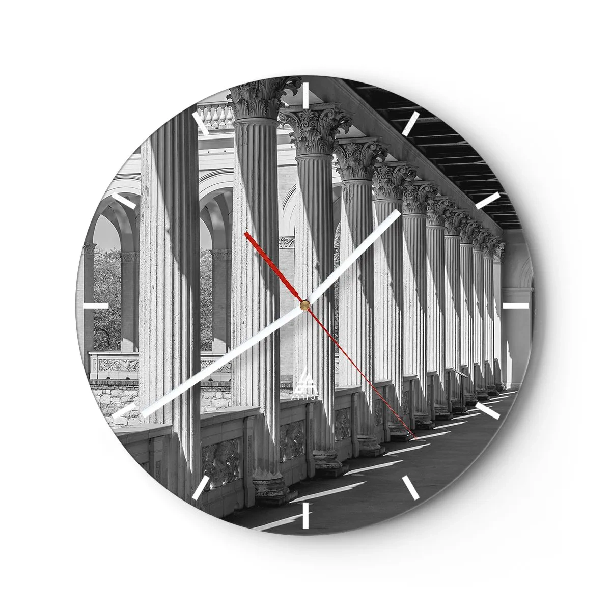 Ceas de perete - Ceas pe sticlă - O arcadă clasică cu coloane în perspectivă alb-negru - 30x30cm - Arcadă însorită - Decorațiune modernă pentru perete pentru living, bucătărie și dormitor ARTTOR