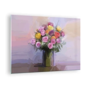 Tablou pe sticlă - Un buchet de trandafiri într-o vază de sticlă pe un fundal pastel - 70x50cm - Frumusețe reținută - Decorațiune modernă pentru perete pentru living și dormitor ARTTOR