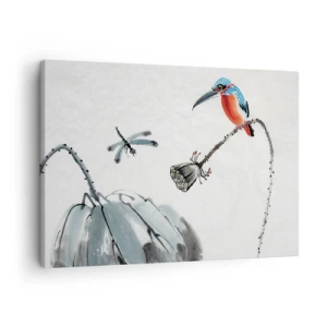 Tablou pe pânză Canvas - pasăre colorată pe un fundal de vegetație și o libelulă - 70x50cm - Viața de pajiște - Decorațiune modernă pentru perete pentru living și dormitor ARTTOR