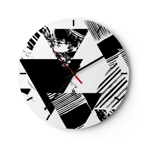 Ceas de perete - Ceas pe sticlă - Compoziție geometrică alb-negru cu triunghiuri - 30x30cm - Ploaie de triunghiuri - Decorațiune modernă pentru perete pentru living, bucătărie și dormitor ARTTOR