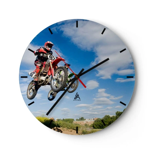 Ceas de perete - Ceas pe sticlă - Motocross în zbor pe cer - 30x30cm - Salt în cer - Decorațiune modernă pentru perete pentru living, bucătărie și dormitor ARTTOR
