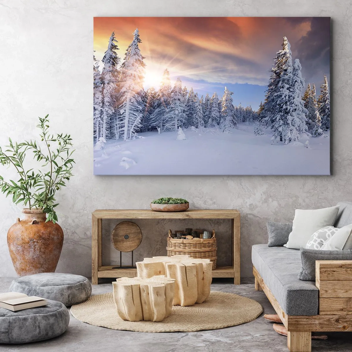 Tablou pe pânză Canvas - Peisaj de iarnă cu o pădure acoperită de zăpadă la apus - 70x50cm - Spectacolul naturii înzăpezite - Decorațiune modernă pentru perete pentru living și dormitor ARTTOR
