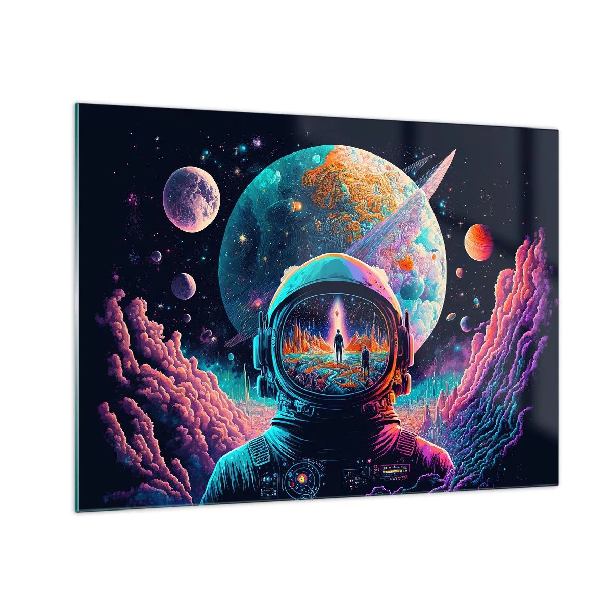 Tablou pe sticlă - Un peisaj spațial cu un astronaut și o planetă suprarealistă. - 70x50cm - Visul nevisat al filozofiilor - Decorațiune modernă pentru perete pentru living și dormitor ARTTOR
