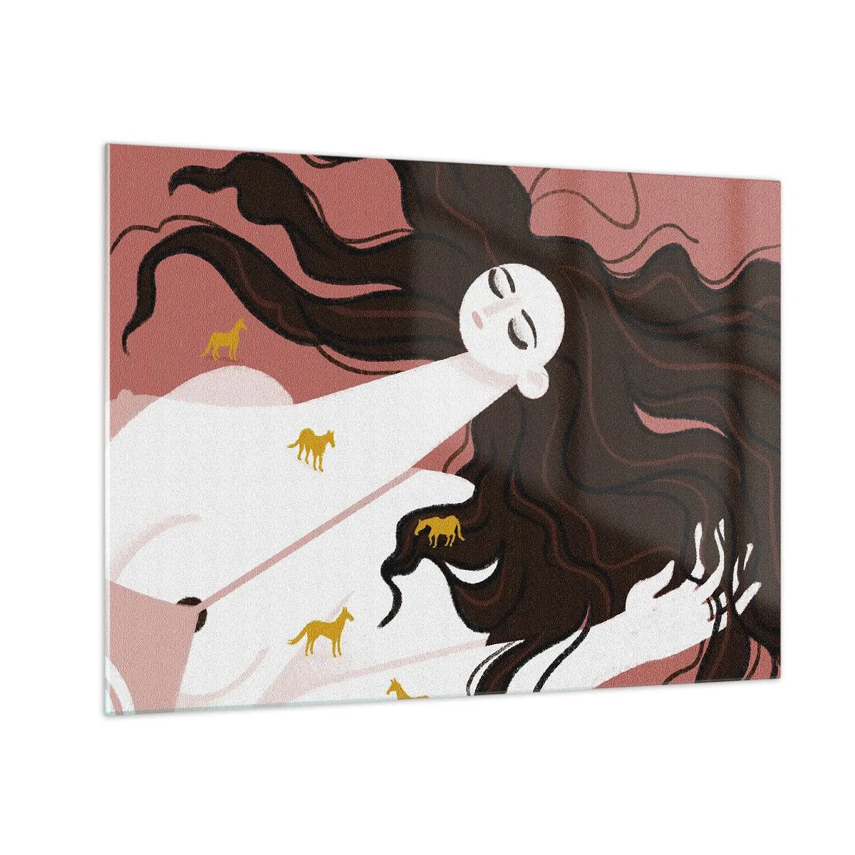 Tablou pe sticlă - O femeie cu părul lung și cai aurii pe un fundal roz. - 70x50cm - Visul despre calul de aur - Decorațiune modernă pentru perete pentru living și dormitor ARTTOR