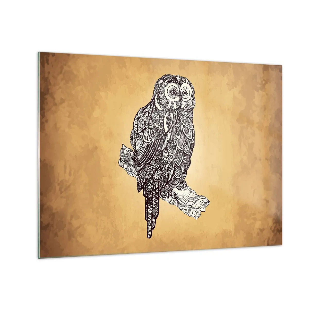 Tablou pe sticlă - Bufniță în stil ornamental pe fundal sepia - 70x50cm - Ornamente complicate de înțelepciune - Decorațiune modernă pentru perete pentru living și dormitor ARTTOR