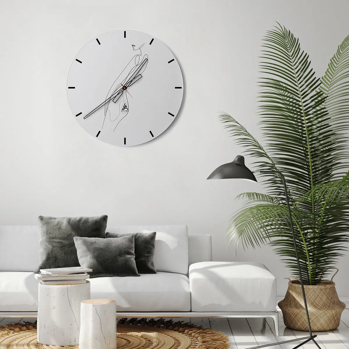Ceas de perete - Ceas pe sticlă - Linie minimalistă a unei siluete feminine pe fundal alb - 30x30cm - Abia o promisiune - Decorațiune modernă pentru perete pentru living, bucătărie și dormitor ARTTOR