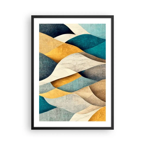 Poster în ramă neagră - O compoziție abstractă de forme ondulate în culori aurii și albastre. - 50x70cm - Ritm și ondulare - Decorațiune modernă pentru perete pentru living și dormitor ARTTOR