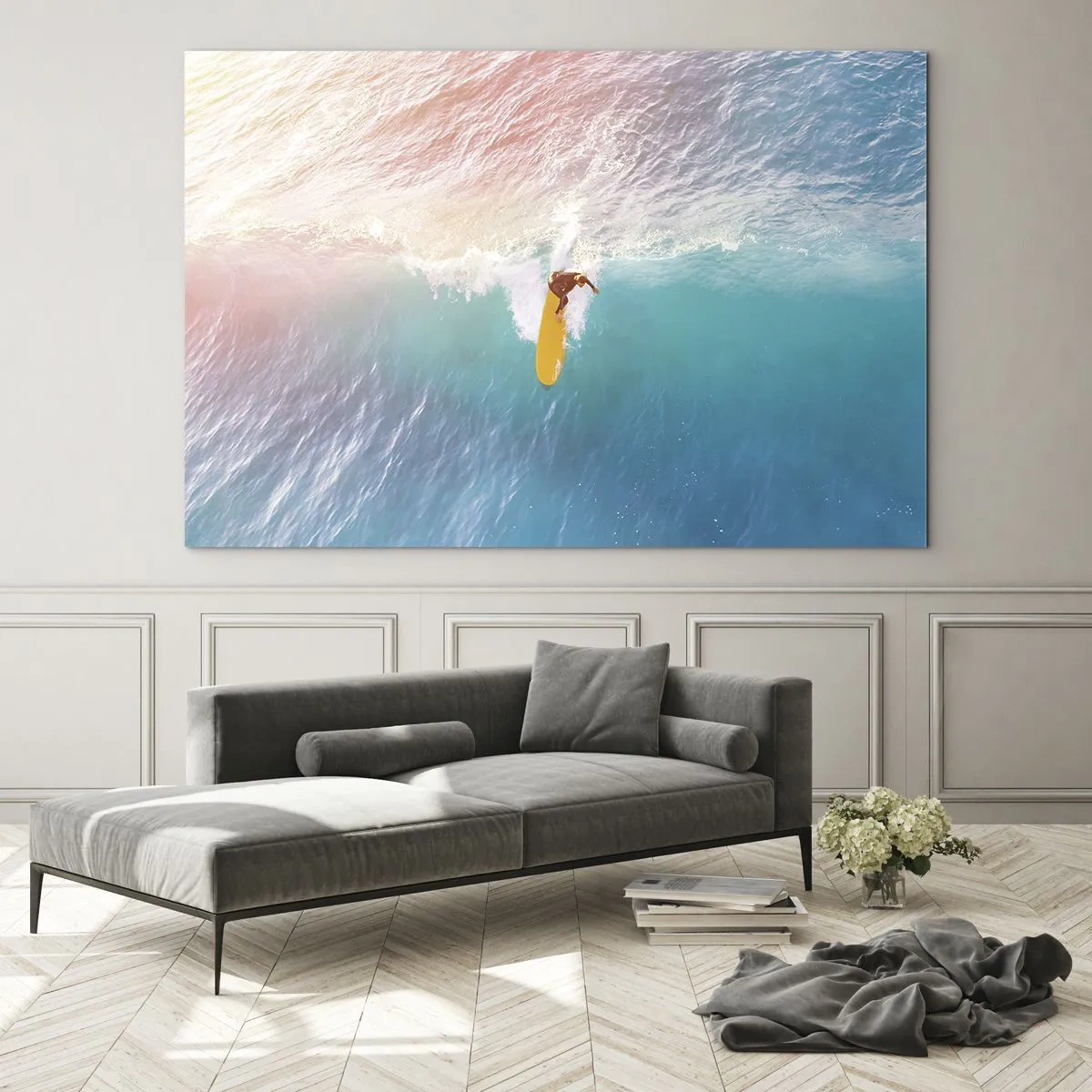 Tablou pe sticlă - Surfer călare pe un val în oceanul turcoaz - 70x50cm - Călărețul oceanului - Decorațiune modernă pentru perete pentru living și dormitor ARTTOR