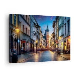 Tablou pe pânză Canvas - Stradă de seară cu vedere la Catedrala din Cracovia - 70x50cm - Farmecul Cracoviei - Decorațiune modernă pentru perete pentru living și dormitor ARTTOR