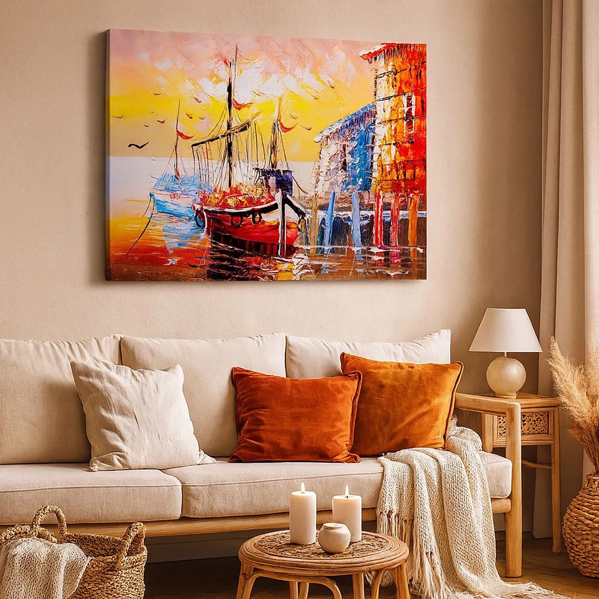 Tablou pe pânză Canvas - Port pitoresc la apus cu bărci de pescuit - 70x50cm - Întoarcere fericită - Decorațiune modernă pentru perete pentru living și dormitor ARTTOR