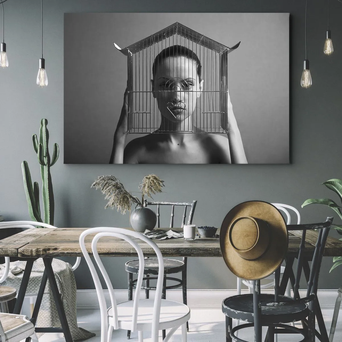 Tablou pe pânză Canvas - Femeie în spatele unei cuști într-un stil suprarealist - 70x50cm - Un portret oarecum suprarealist - Decorațiune modernă pentru perete pentru living și dormitor ARTTOR