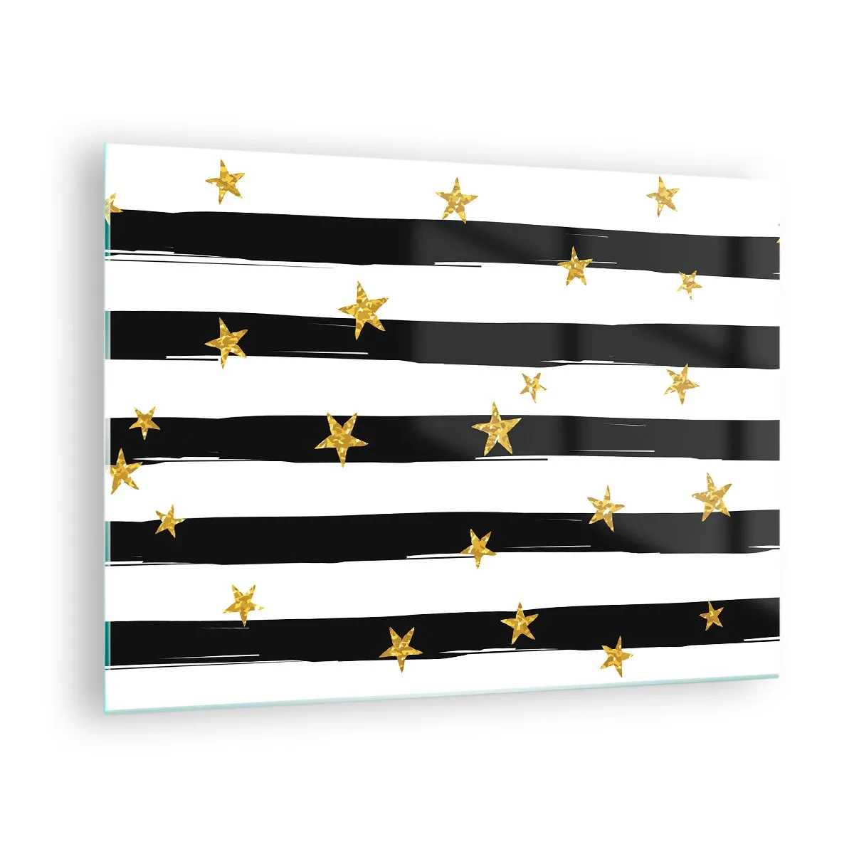 Tablou pe sticlă - Dungi albe și negre cu stele aurii - 70x50cm - Cu toții ne-am născut sub o stea norocoasă - Decorațiune modernă pentru perete pentru living și dormitor ARTTOR