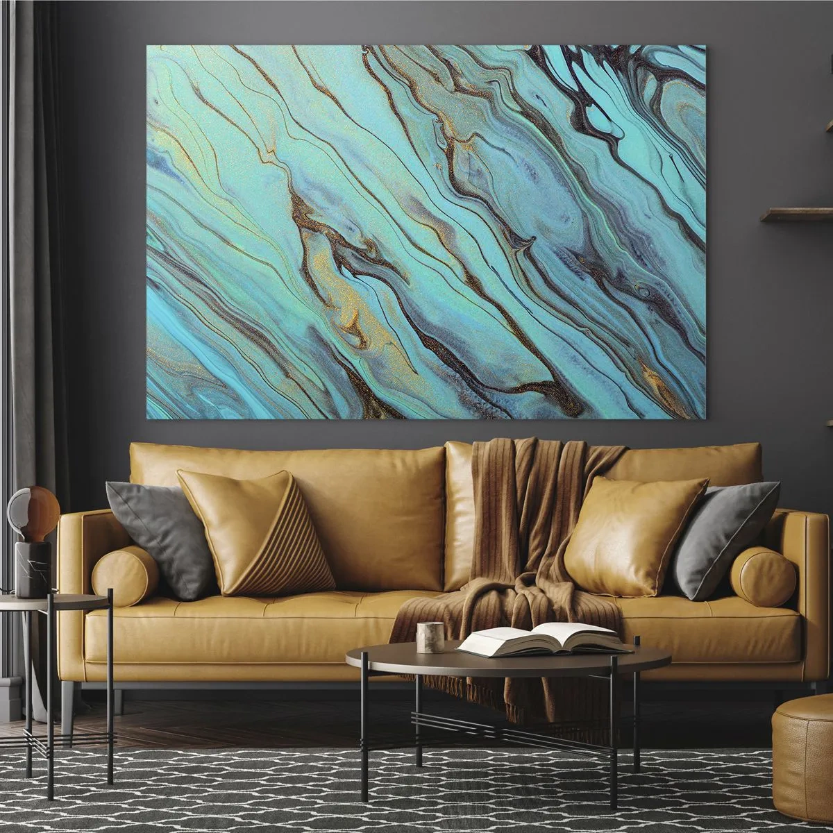 Tablou pe sticlă - Dungi abstracte în turcoaz și auriu - 70x50cm - Mareea turcoaz - Decorațiune modernă pentru perete pentru living și dormitor ARTTOR
